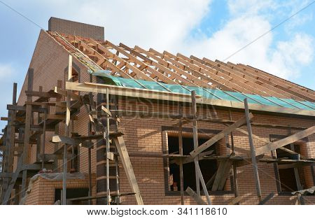 Unfinished Brick House Rooftop Roofing Construction Attic Trusses, Wooden Beams, Eaves, Timber, Scaf