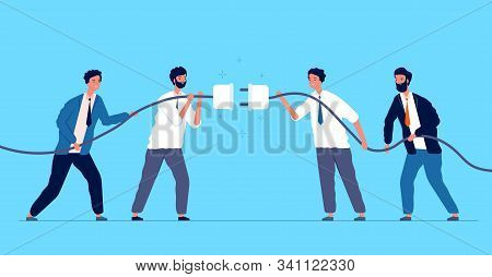 Team Connected Plug. Business People Connecting Different Connectors Team Managers Cooperation Vecto