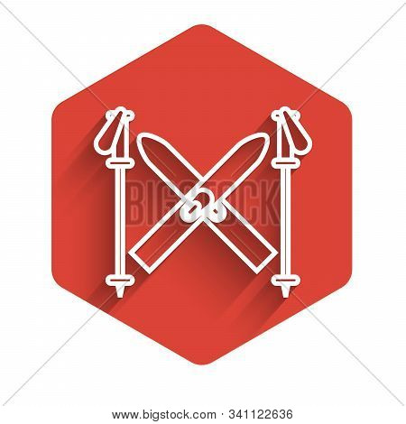 White Line Ski And Sticks Icon Isolated With Long Shadow. Extreme Sport. Skiing Equipment. Winter Sp