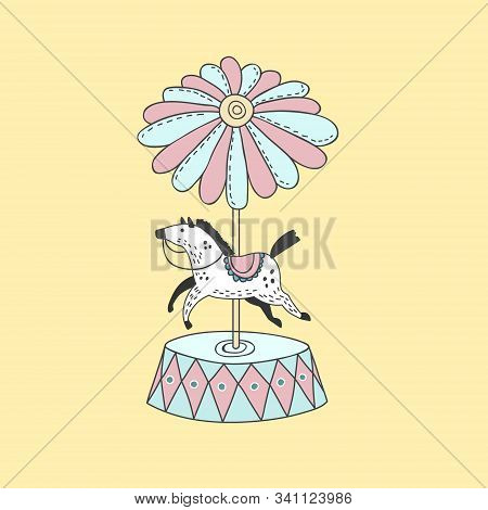 Vector Color Illustration Of A Carousel. Linear Illustration Of A Carousel With A Horse. Freehand Do