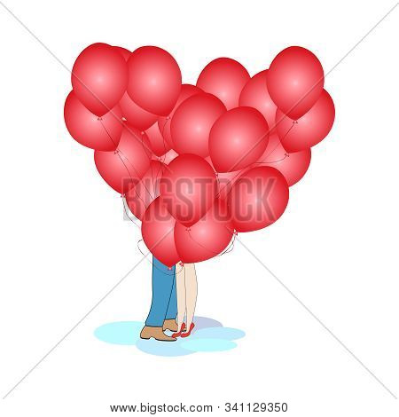 Couple And Balloons Isolated On White Background. Balloons In The Shape Of Hearts. Valentines Day, L