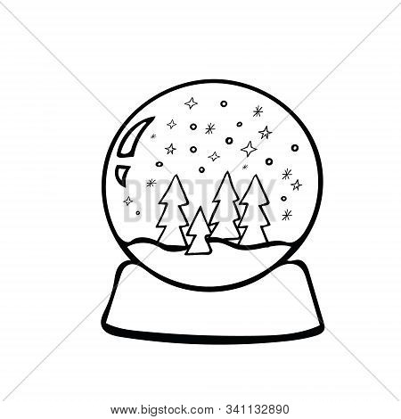 Snoball Hand Drawn In Scandinavian Doodle Style. Glass Ball With Christmas Trees, Snow, Stars