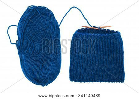 Yarn Skein For Hand Knitting And Crochet On White Background Isolated. Ball Of Soft Wool With Needle
