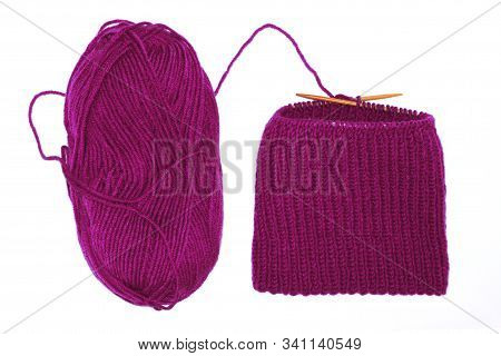 Yarn Skein For Hand Knitting And Crochet On White Background Isolated. Ball Of Soft Wool With Needle