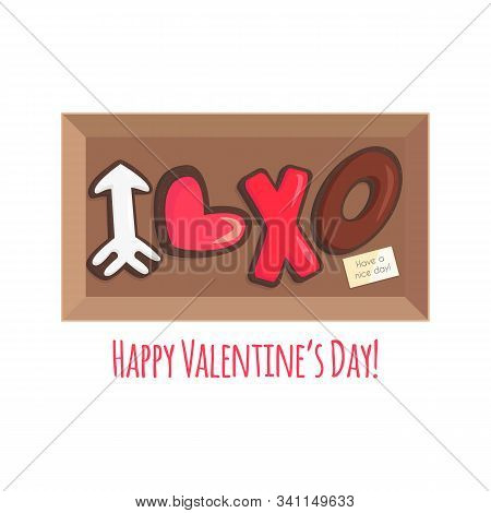 Vector Illustration Of Box With Chocolate Cookies For Saint Valentines Day. Brown Shortbread In Shap