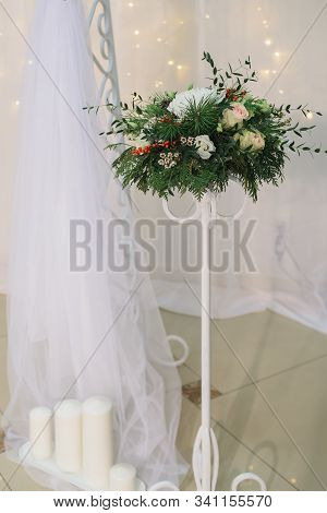 Bridal Flower Arrangement With Chrysanthemum, Rose, Pine, Eustoma, Ilex, Thuja, Waxflower, Eucalyptu