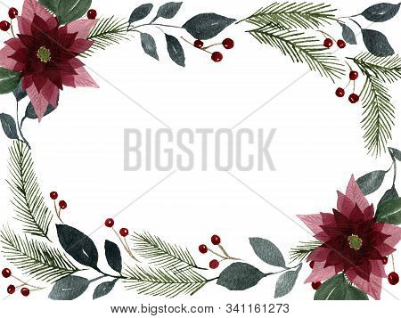Christmas Border With Poinsetia Flower, Fir Tree And Berries, Watercolor Design Template For Winter 