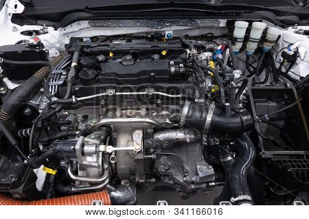 Powerful Sports Car Engine. Internal Design Of Vehicle Engine. Car Engine Part. Under The Hood Of Mo