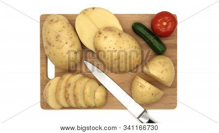 Board With Fresh, Raw Vegetables, Top View. Knife, Board, Tomato, Cucumber. Isolated Objects On A Wh