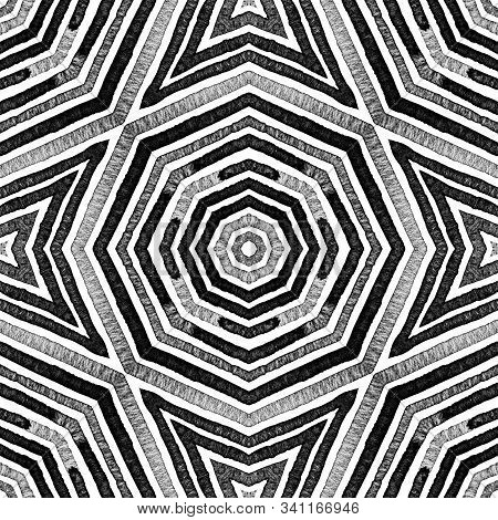 Dark Black And White Geometric Watercolor. Dazzling Seamless Pattern. Hand Drawn Stripes. Brush Text