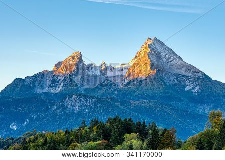 The First Sunlight Hits The Famous Mount Watzmann In The Bavarian Alps
