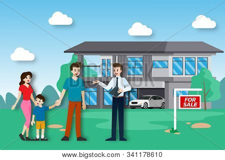The Realtor Shows And Presenting The New Beautiful Modern Real Estate For Sale To Client With Family