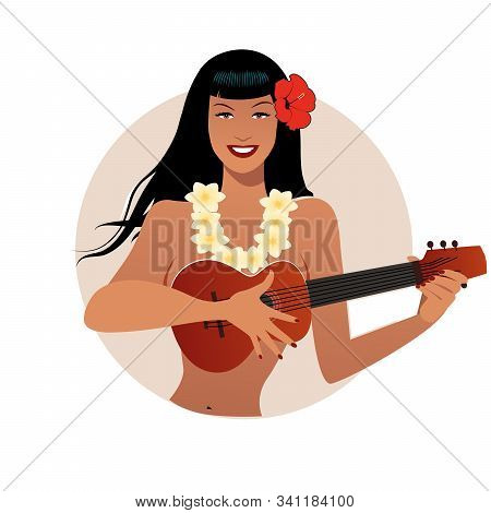 Sexy Pinup Girl Playing Ukelele. Cartoon Retro Style Isolated On White Background