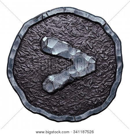 Symbol right angle bracket made of forged metal in the center of coin isolated on white background. 3d rendering