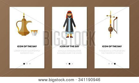 Arabic Traditional Objects Icon Set. Arab Man, Coffee Pot, Musical Instrument Isolated Sign. Nationa