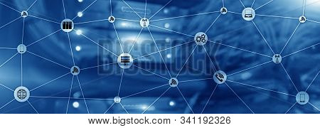 Blue Website Banner Mixed Media. Iot - Internet Of Things Concepts. Ict - Information And Telecommun