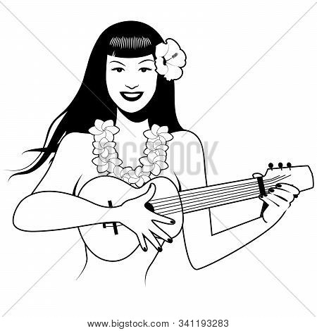Sexy Pinup Girl Playing Ukelele. Cartoon Retro Style Isolated On White Background
