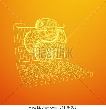 Python Code Language Sign With Notebook Laptop Device. Programming Coding And Developing Concept. Wi