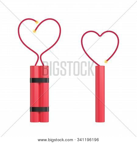 Bomb With Heart Shape Flickering Fuse. Realistic Vector Tnt Dynamite Sticks Illustration. Love Conce