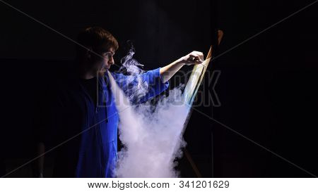 Artist Copyist Paint Seascape With Ship In Ocean. Vaper Smoke Vape E-cigarette. Craftsman Decorator 