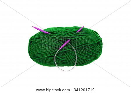 Yarn Skein For Hand Knitting And Crochet On White Background Isolated. Ball Of Soft Wool With Needle