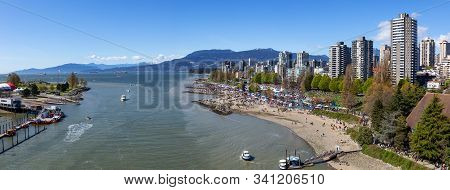 Downtown Vancouver, British Columbia, Canada - April 20, 2019: Aerial View Of Crowd Of People Gather