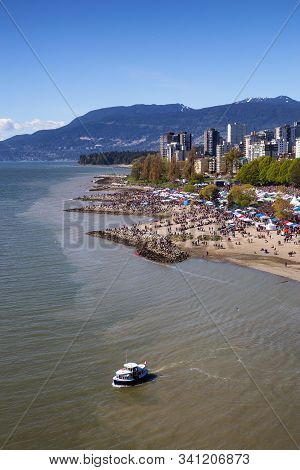 Downtown Vancouver, British Columbia, Canada - April 20, 2019: Aerial View Of Crowd Of People Gather