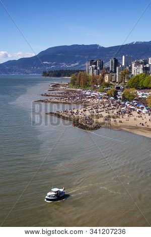 Downtown Vancouver, British Columbia, Canada - April 20, 2019: Aerial View Of Crowd Of People Gather