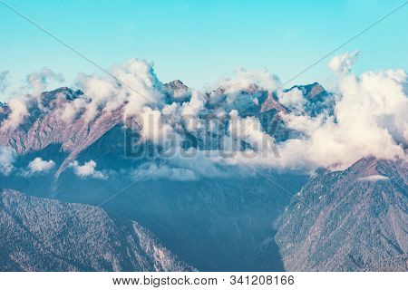 Caucasus Mountains At Sunset Time. Sochi. Russia.