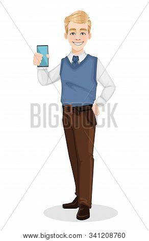 Successful Business Man In Office Style Clothes. Handsome Blonde Businessman Holding Smartphone. Che