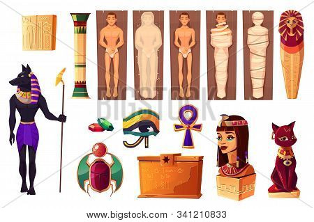 Egyptian Ancient Attributes Of Culture And Religion Set Isolated On White Background. Egypt Deities 