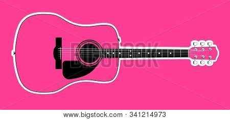 A Pink Acoustic Guitar With White Outline Isolated Over A Pink Background