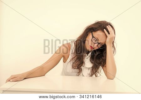 Overworked Businesswoman In Office. Business Success. Sexy Lady With Red Lips. Tired Woman Has Heada