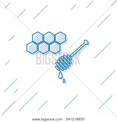 Blue Line Honeycomb With Honey Dipper Stickicon Isolated On White Background. Honey Ladle. Honey Cel