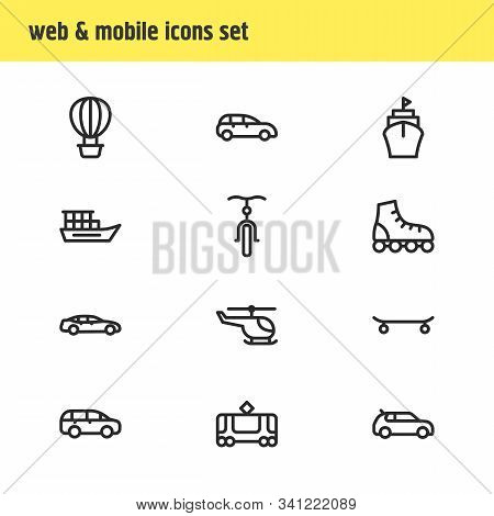 Vector Illustration Of 12 Transit Icons Line Style. Editable Set Of Mpv, Medium Car, Air Balloon And