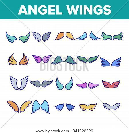 Angel Wings Flying Collection Icons Set Vector Thin Line. Decorative Stylized Feather Flapping Angel