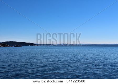 Vancouver Skyline From Fairy On The Sea To Vancouver Island. Beautiful Landscape. View From Boat