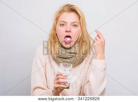 Girl Take Medicine To Break Fever. Headache And Fever Remedies. Woman Sick Person Hold Glass Water A