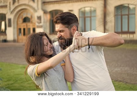 Taking A Lot Of Abuse From Him. Bearded Man Pushing Girl Using Physical Abuse In Public. Woman Exper