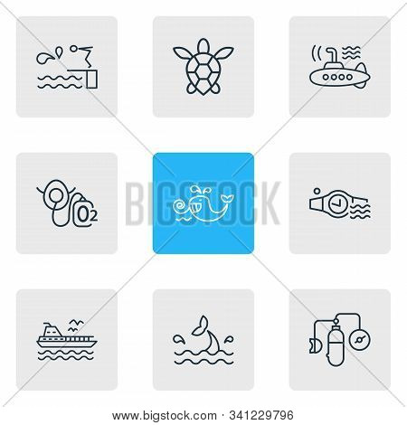 Vector Illustration Of 9 Marine Icons Line Style. Editable Set Of Oxygen Balloons, Cetacean, Diving 