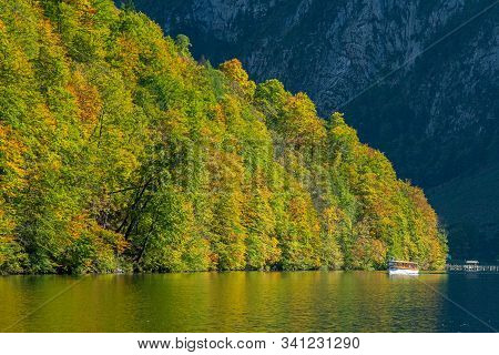 Reflection Of Hills In Koenigsee, Autumn Time In Bavaria