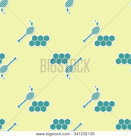Green Honeycomb With Honey Dipper Stickicon Isolated Seamless Pattern On Yellow Background. Honey La