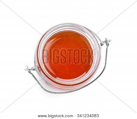 Jar Of Organic Honey Isolated On White, Top View