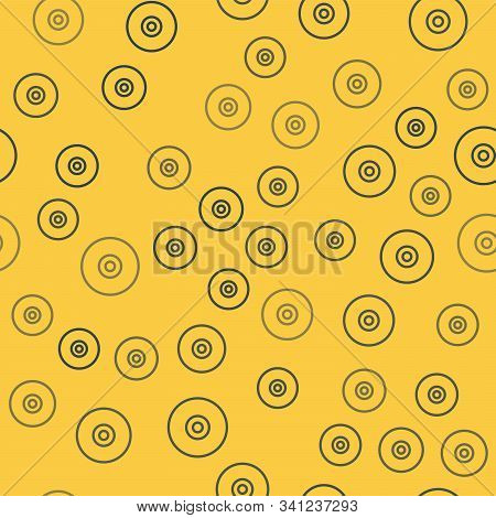 Blue Line Cd Or Dvd Disk Icon Isolated Seamless Pattern On Yellow Background. Compact Disc Sign. Vec