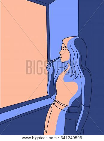 Vector Illustration Of A Young Woman Smoking Iqos E-cigarette In Open Window At Night. Woman With Ci