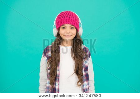 Smiling Teenager Listen Music In Headphones. Little Kid Casual Style. Autumn Mood Tune. Small Child 