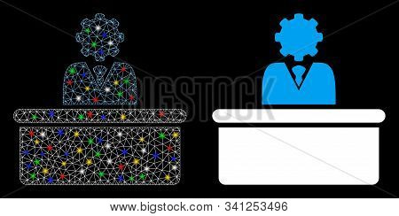 Glowing Mesh Bureaucrat Icon With Glow Effect. Abstract Illuminated Model Of Bureaucrat. Shiny Wire 