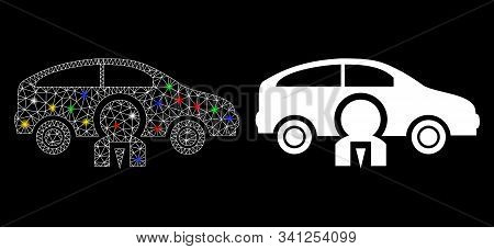 Glossy Mesh Car Owner Icon With Glare Effect. Abstract Illuminated Model Of Car Owner. Shiny Wire Fr