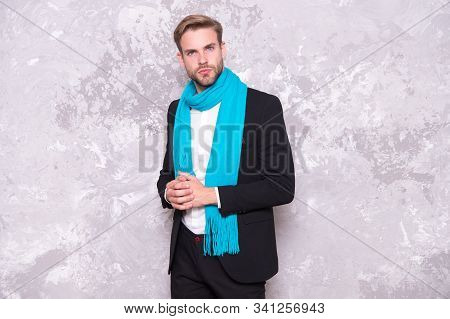 Styling Busy Days With Elegant Scarf. Businessman Wear Long Blue Scarf. Handsome Man In Formalwear W