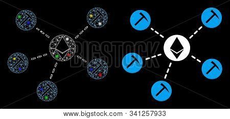 Flare Mesh Ethereum Mining Pool Icon With Glitter Effect. Abstract Illuminated Model Of Ethereum Min